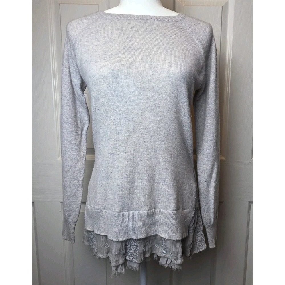 Garnet Hill Women's 100% Cashmere Sweater XS Gray‎ Layered Lace Hem Luxe Soft - Picture 3 of 13